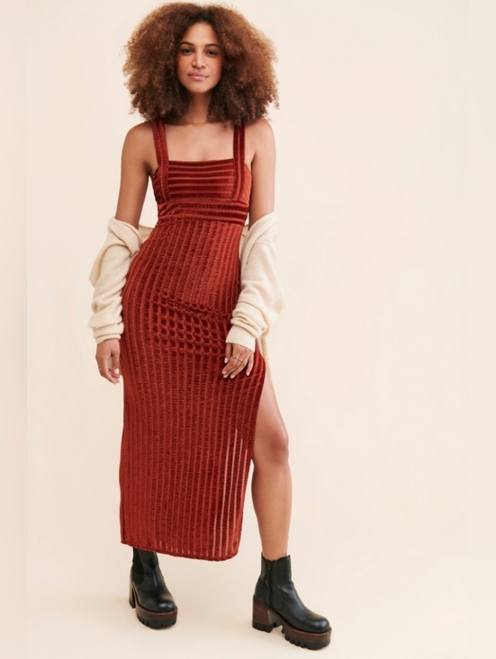 Free People Dresses & Skirts - Free People Rust Velvet Maxi Knit Dress Square Neck Side Slit Medium